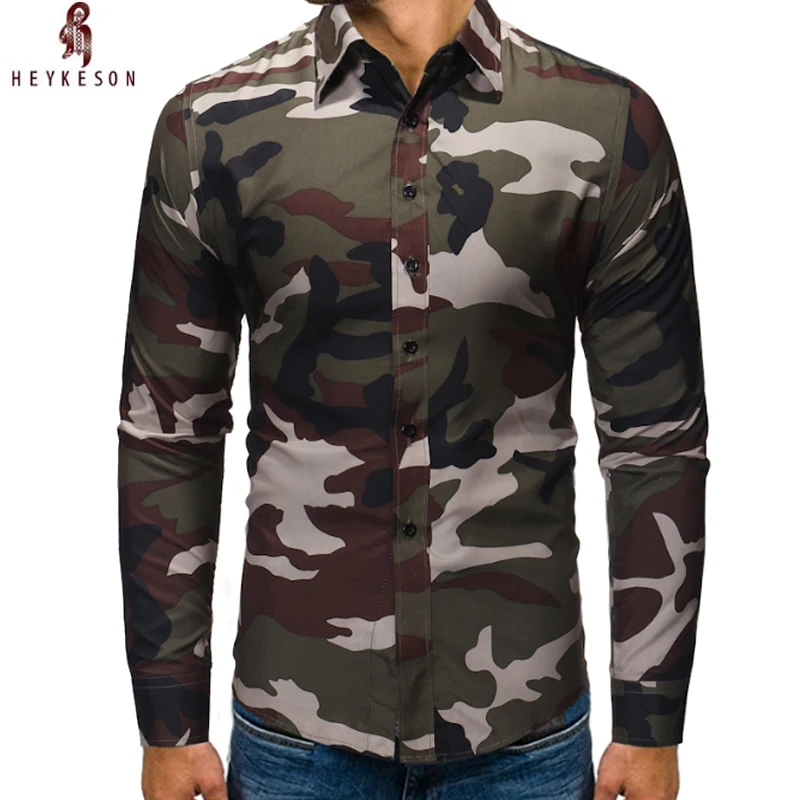

HEYKESON Brand 2018 Fashion Male Shirt Long-Sleeves Tops Camouflage Mens Dress Shirts Slim Men Shirt M-XXXL