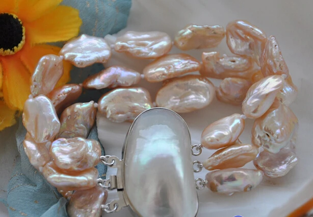 

huij 001188 3row 8" 20mm pink baroque keshi reborn pearl bracelet mabe clasp