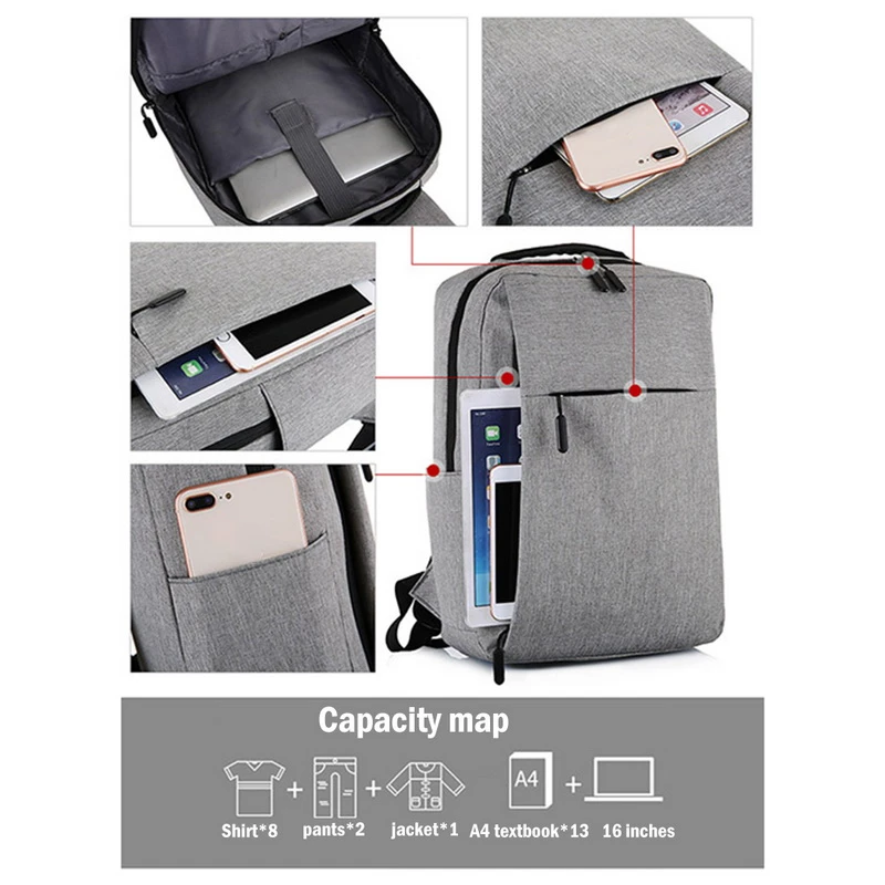 a grey backpack and its pockets specifications
