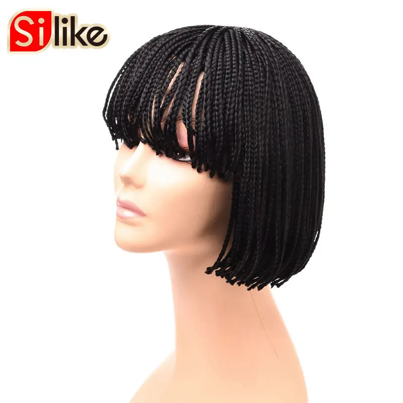

Silike 10 12 inch Short Nature Black Box Braid Wig African American Braided Wigs with Bangs for Black Women