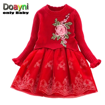 

Doayni Baby Girls Cashmere Lace Mesh Dress Stereo Floral Knitted Patchwork Lace Kids Party Ball Gown Dress red pink purple