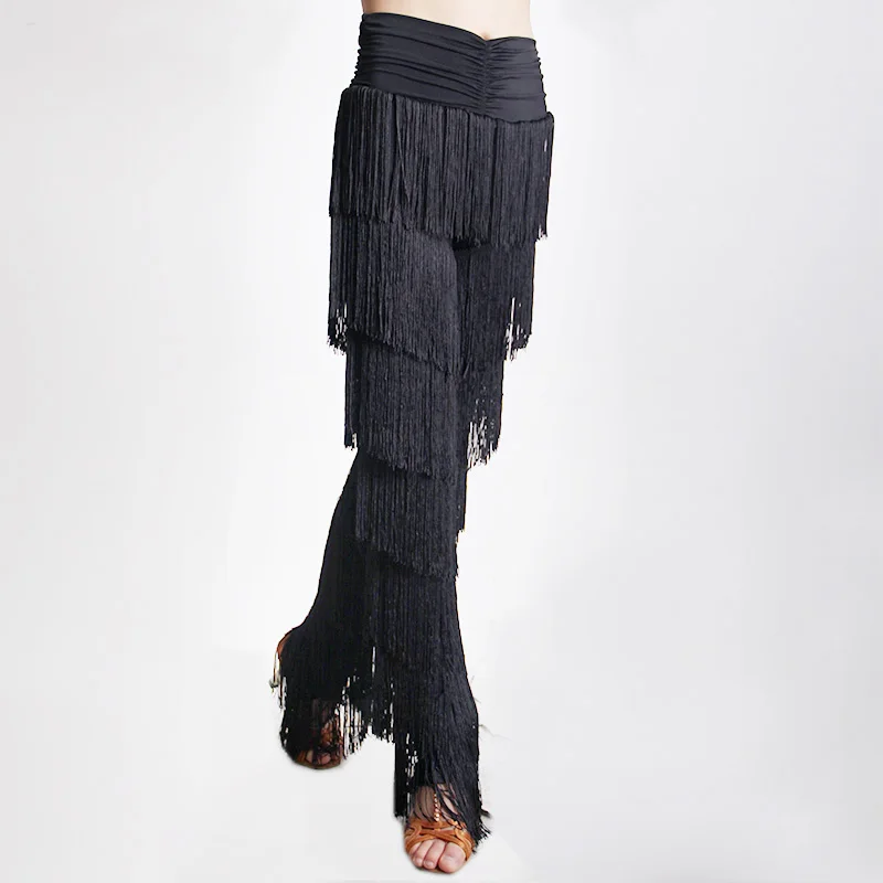 

New Children Black Blue Latin Fringe Pants For Salsa Samba Dance Kids Elastic Waist Trousers