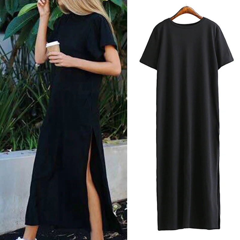 

Women Casual Short Sleeve Round Neck Solid Long Dress Loose Tunic T-shirt Tops