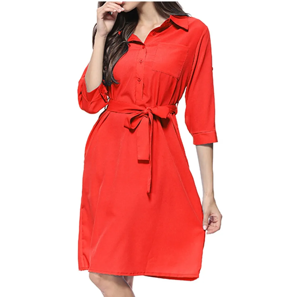 Summer Dress Women Fashion Casual Solid Color Pockets Button Turn-down Collar Three Quarter Sleeve Knee Length Vestidos OY41