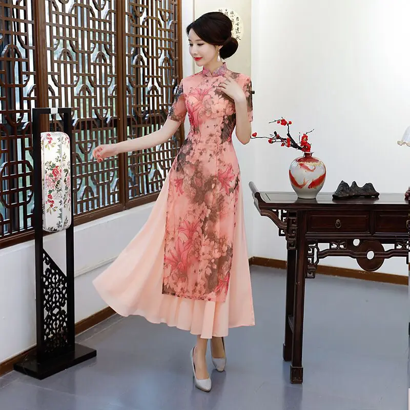 

Novelty Summer Women's Long Cheongsam Vintage Chinese Style Dress Sexy Slim Lady Rayon Qipao Vestidos Size M L XL XXL XXXL 52893