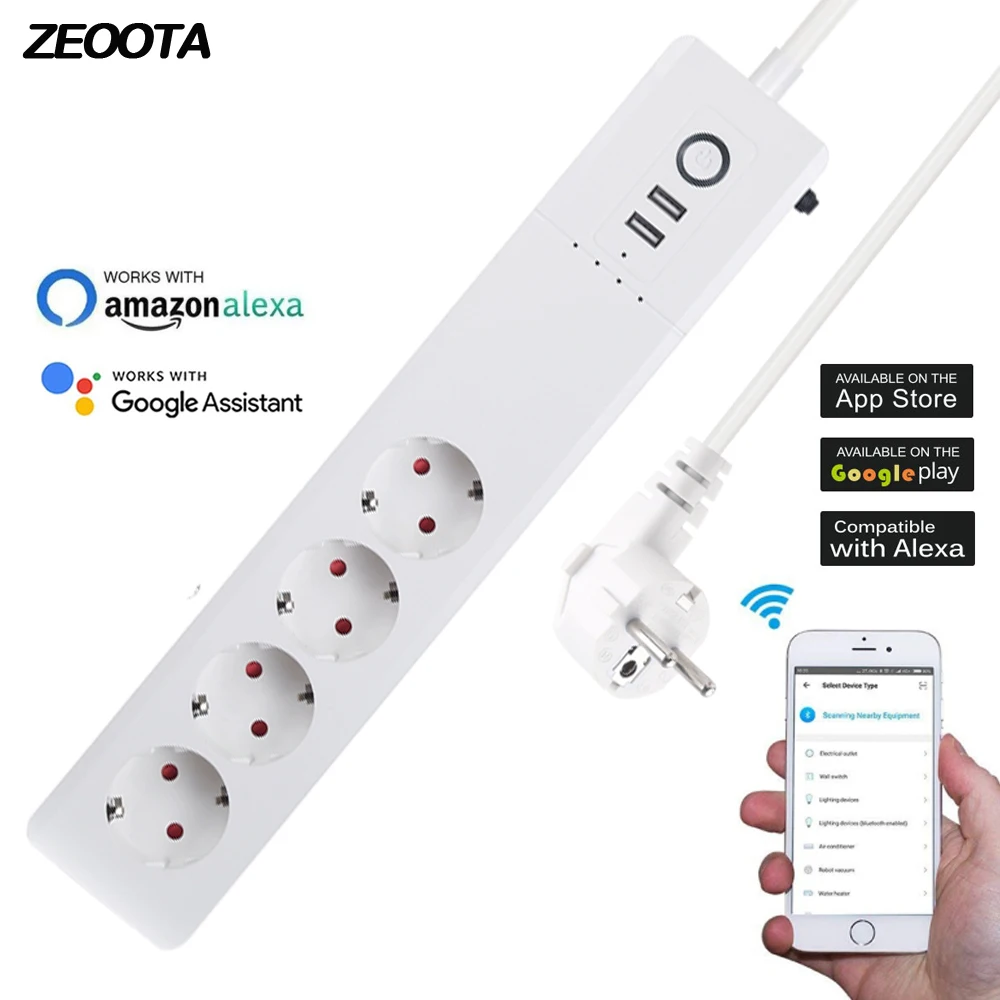 

Smart Wifi Power Strip Surge Protector EU Plug Outlets Sockets with 2 USB Charger 1.5 Extension Cord Work with Google Home Alexa