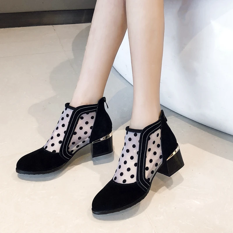 

ASILETO Shoes woman Ankle boots Summer boots Air mesh Round toe Zipper Polka dot Black Big size 33-43 Mid heel Flock Cool S1139