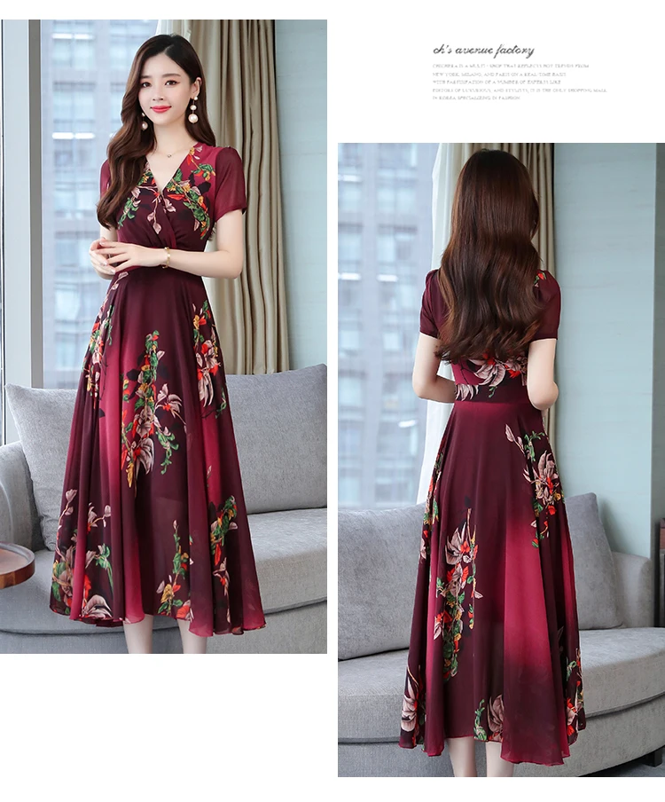 Loose Large Size Beach Vacation Dress New Arrival Print Chiffon Dress V Neck Fashion Elegant midi dress Casual korean dress