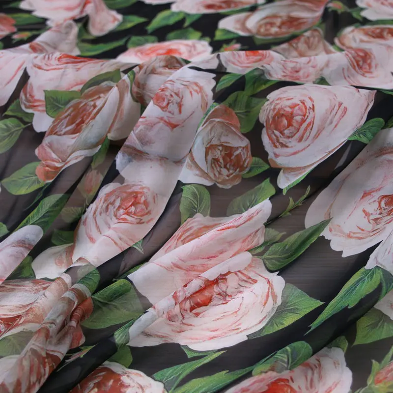 

pink rose printed thin chiffon fabric,soft polyester chiffon tissus DIY cloth for dress, beach dress chiffon tissu au metre