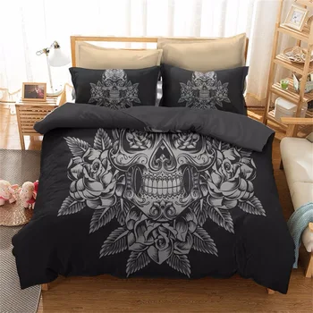 

3D Floral Skull Duvet Cover Set,Black Rose Sugar Gray Skull Decor Bedclothes with Zipper,Home Bedroom Decoration Bedding Set