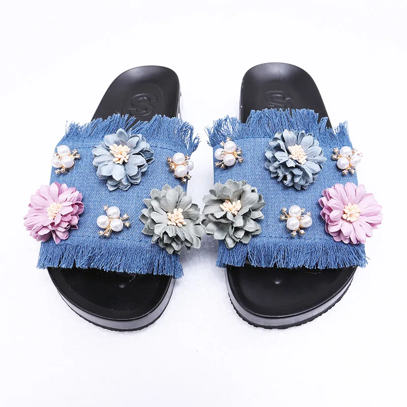 

Summer Women's Slippers Flat Slippers Fashion Denim Flower Sandals Beach Sandals Home Slides Low Heels Beach Ladies Flip Flops