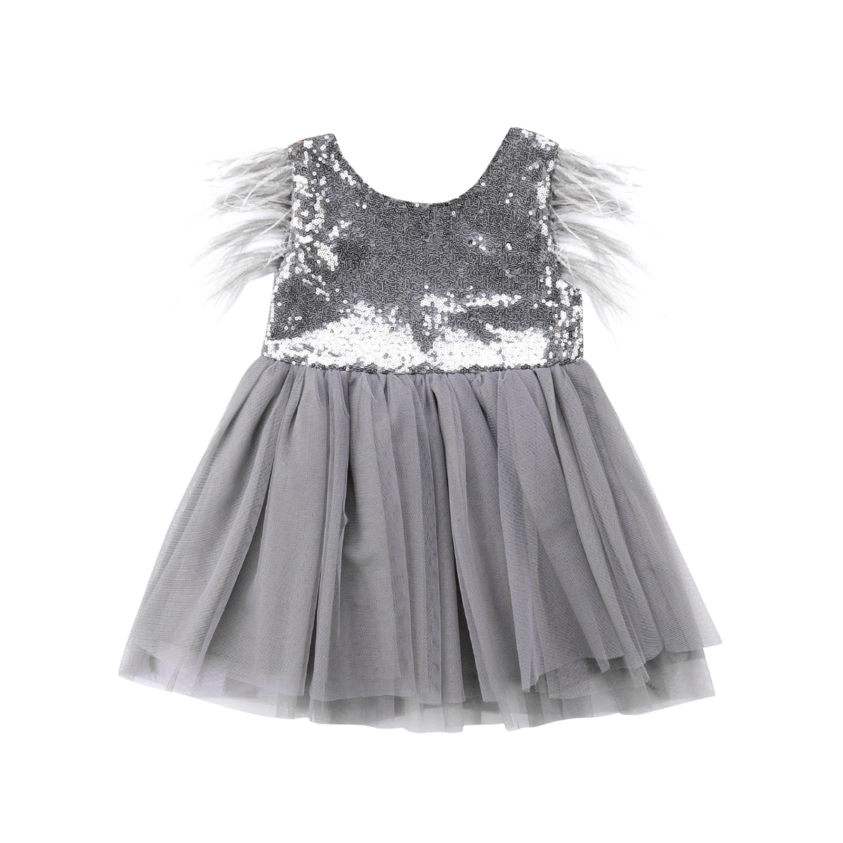 

Gray Feather Toddler Baby Girls Princess Dress Kids Sequins Tutu Party Prom Wedding Sleeveless Dress
