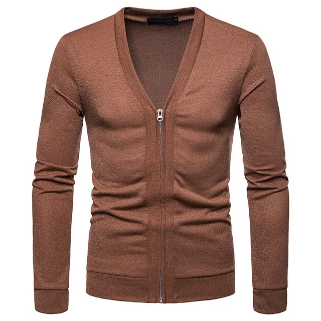 V Neck Zipper Cardigan Sweater Men Casual Slim Fit Mens Soft Brown ...