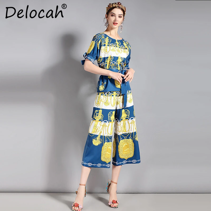 Costumes Élégant Printemps pièces Deux Designer Femmes Été Ceinture De Piste Supérieure Imprimé Pantalon Jeu Ensemble Qualité Fashion Top Multi Delocah pPqw0q