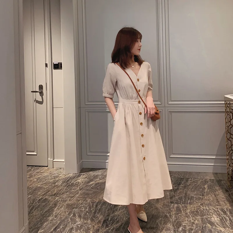 

single-breasted belted waist dress female 2019 summer wear the new dress in the elegant and contracted and pure color