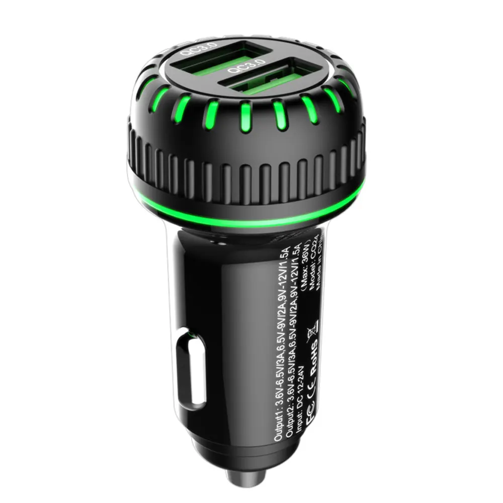 

Dual QC 3.0 Halo Car Charger Portable for Dual USB Car Fast Charger with Led Green Light