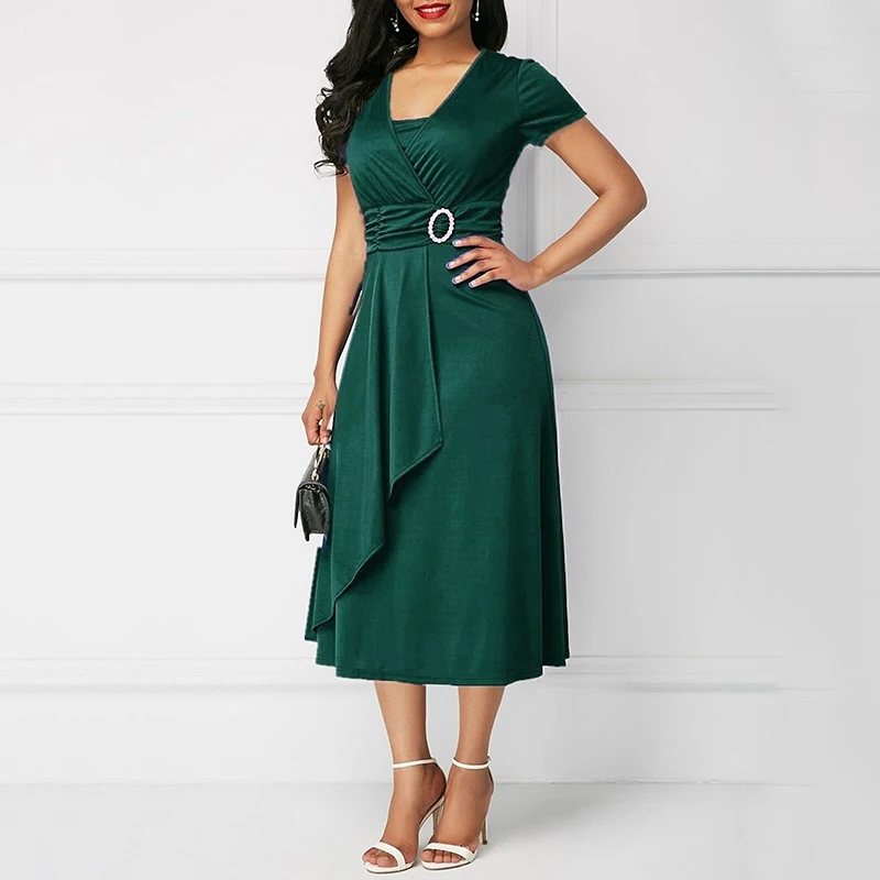 Dark green Женское платье, элегантное, короткий рукав, ассиметричное, одноцветное, Vestidos, v-образный вырез, высокая талия, ТРАПЕЦИЕВИДНОЕ, женское платье - Цвет: Dark green