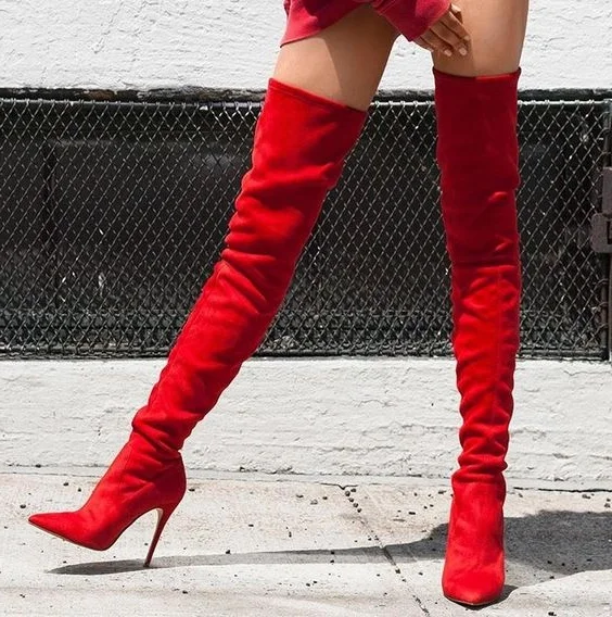 Red Women Long Boots Elastic Over The Knee High Heel Boots Pointed Toe ...