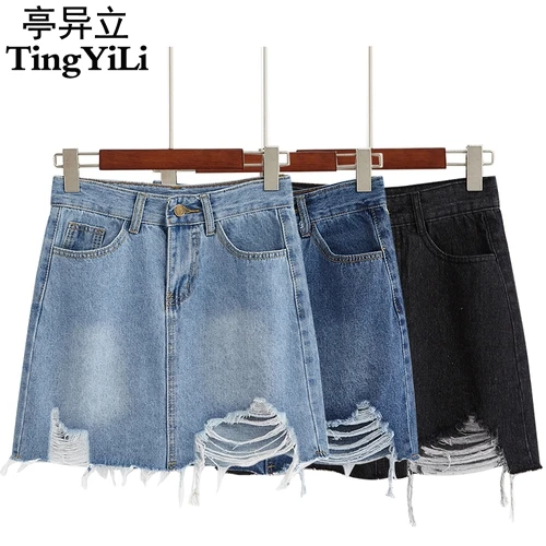 TingYiLi/джинсовая юбка с высокой талией черные Синие рваные джинсовые юбки Женская