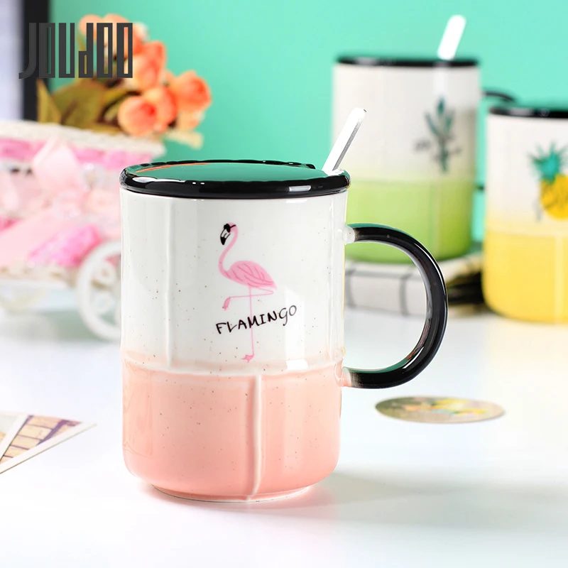 

JOUDOO Cute Cartoon Cactus Ceramic Mug with Spoon and Lid Milk Coffee Mugs and Cups Office Creative Water Bottle 35