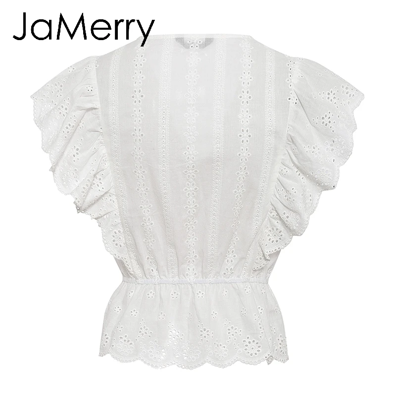 JaMerry Causal white embroidery lace hollow out blouse shirt women Ruffles woman blouse top Female elastic waist cotton tops