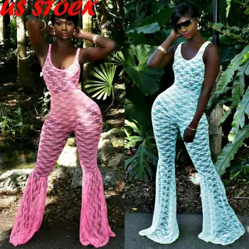 

US Women's Spaghetti Strap Lace Sheer Sleeveless Ruffle Wide Leg Jumpsuit Bodycon Playsuit Long Pants Clubwear Romper