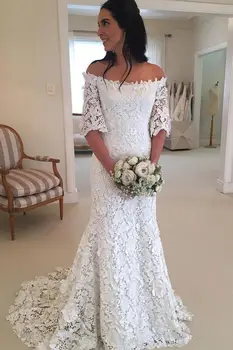 

Vintage Off Shoulder Wedding Dress mermaid Sexy half sleeve Lace Appliques sweep Train Bridal Gowns Plus Size wedding gown