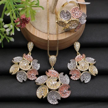 

Lanyika Jewelry Set Beautiful Petunia Round Micro Paved Full Zircon Necklace with Earrings and Ring for Wedding Best Pop Gift