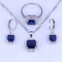 Pequeño Cuadrado de Imitación Zafiro Cubic Zirconia Aro Pendiente Colgante Collar Anillo de Sello 925 Joyería Plateada de Plata Conjuntos H0272