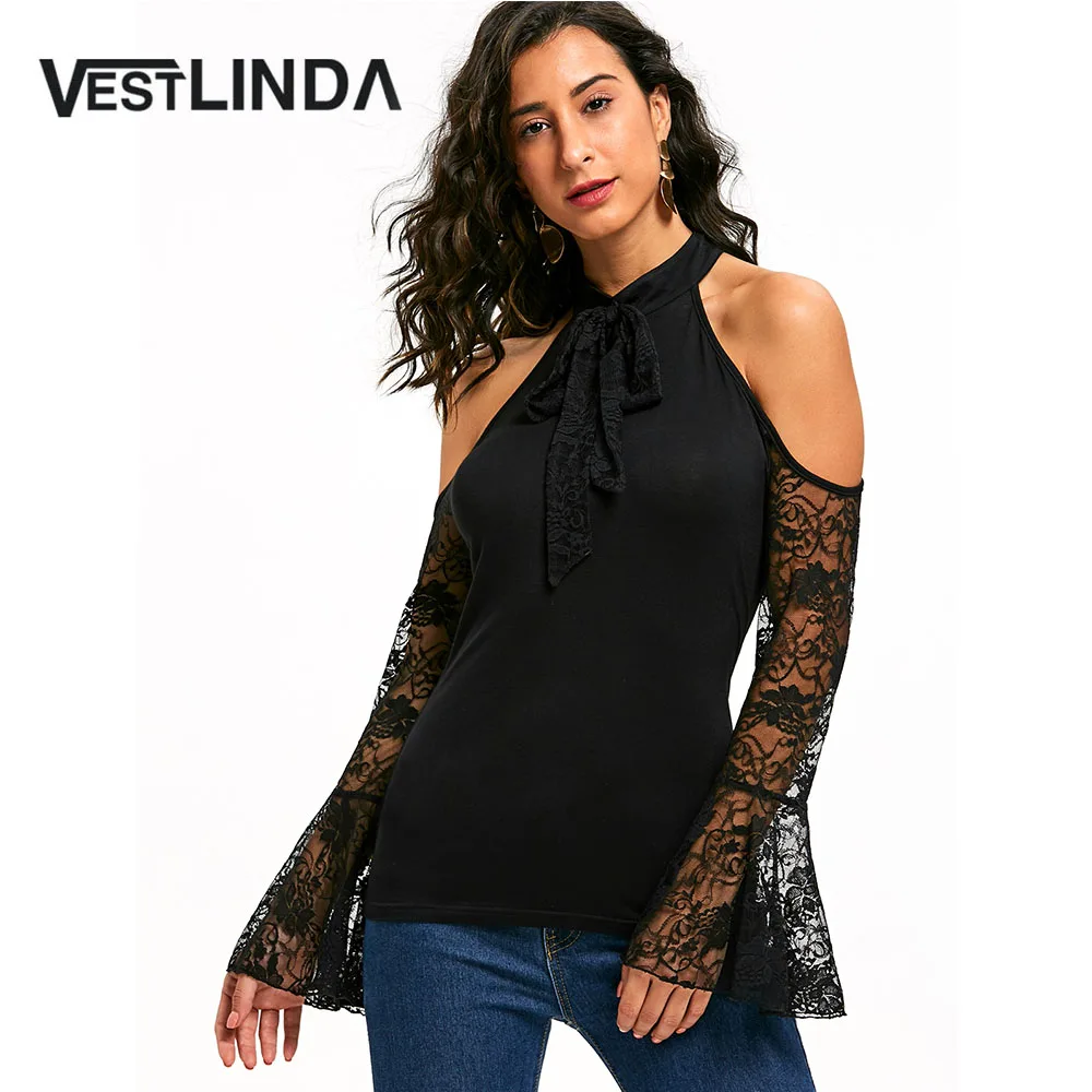 Женская блузка с открытыми плечами VESTLINDA кружевная расклешенным рукавом и бантом