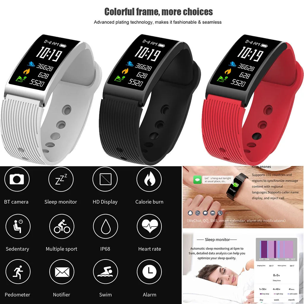 

Twill strap color large screen smart bracelet for IOS and Android sports fitness heart rate monitor photo copper ring compatible