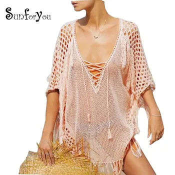 

2020 Knited Beach Cover up V-neck Tassel Tunics for beach Women Plus size Swimwear Cover ups Crochet Bikini Cover up Beach wear