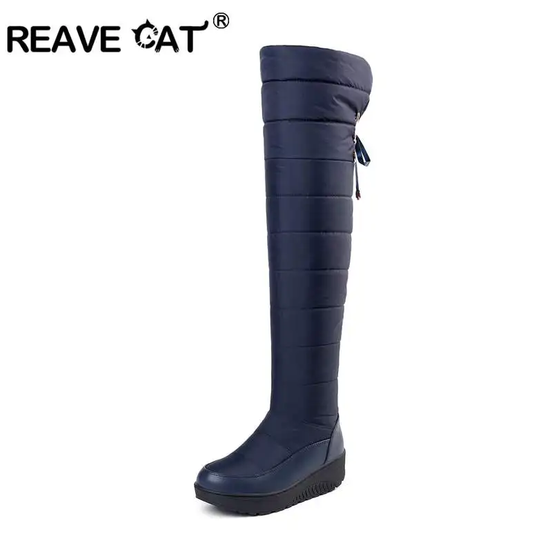 

REAVE CAT Women Winter Boots Over-The-Knee Boot PU Down Material Botas Wedge Slim Warm Botines Shaking Botas feminino A1311