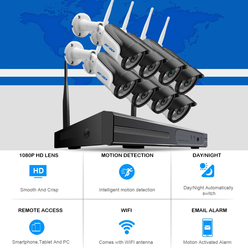 BESDER 8CH система видеонаблюдения WiFi NVR комплект 960 P 1.3MP WiFi NVR 8CH с 8 шт. ИК Ночная пуля ip-камера WiFi 960 P система безопасности