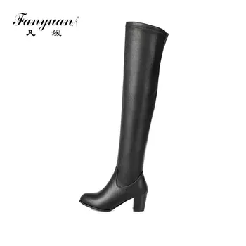 

fanyuan Winter Ladies Square Heel Shoes Women Solid Over The Knee Boots Black PU Motorcycle Boots Round Toe Elastic long Boots