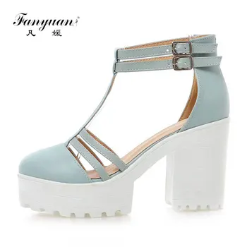

Hot Spring Summer Women Ankle T Strap Thick High Heels Sweet Pumps Platform Ladies Cover Toe Pumps Rome Shoes Plus Size 46