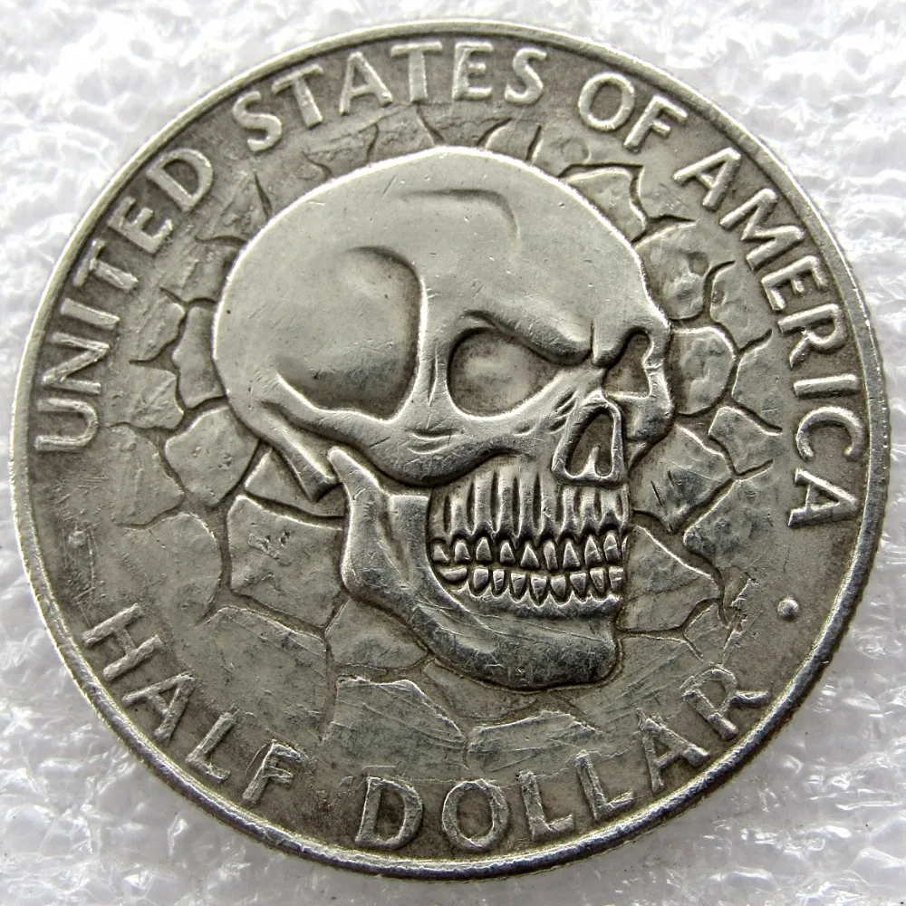 

Hobo Creative 1964 Kennedy Silver Half Dollar skull zombie skeleton hand carved Copy Coins
