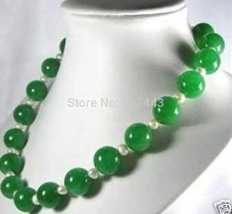 

Wholesale3214 6-7mm White Akoya Pearl & 14mm Green Emerald Round Beads Necklace 18