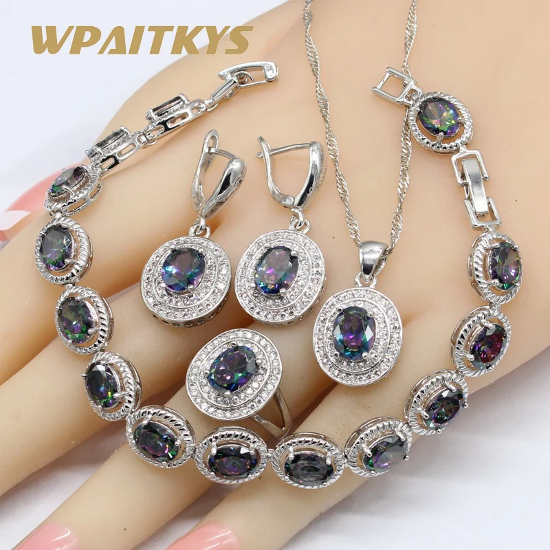 Овальные радужные белые 925 пробы серебряные Ювелирные наборы для женщин браслет серьги ожерелье кулон кольца подарочная коробка