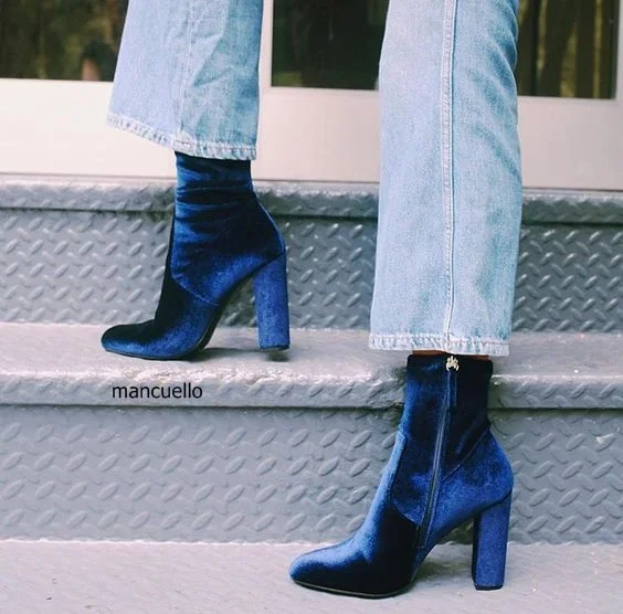 Fashion Women Soft Velvet Dark Blue Block Heels Ankle Boots Trendy Round Toe Side Zip Boots Celebrities in Same Hot Selling