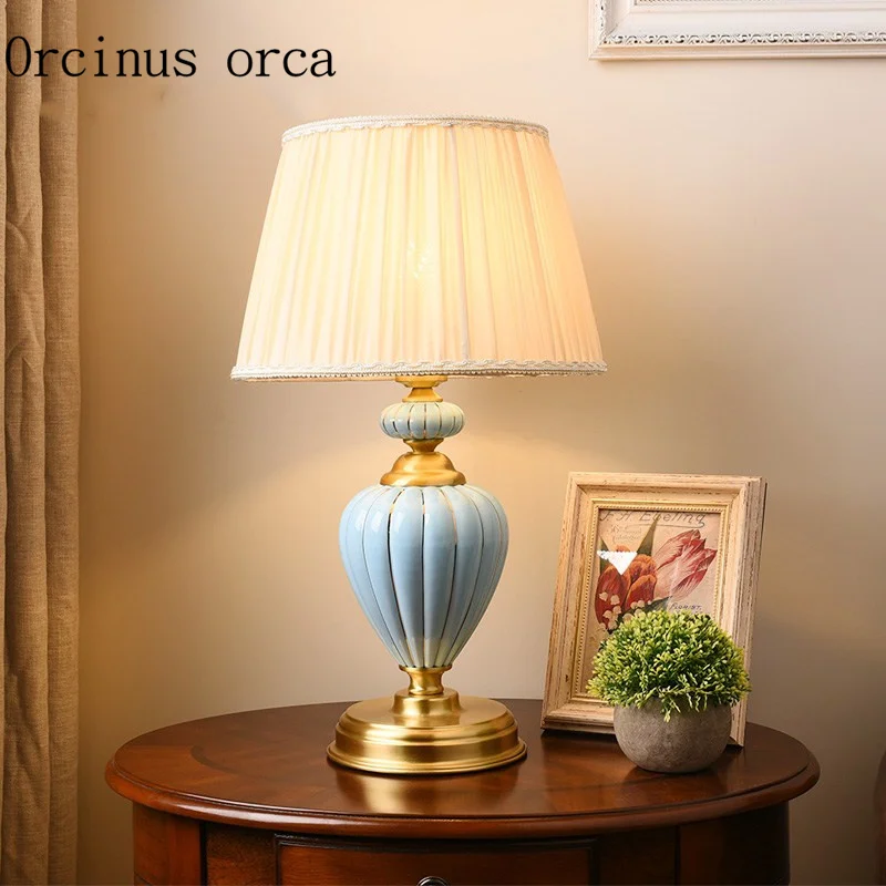 

American Pastoral blue ceramic lamp bedroom bedside lamp simple creative Jingdezhen copper decorative lamp free shipping