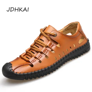 

Genuine Leather Shoes Men Summer Hot Sale Hollow Cool Breathable Sneakers Men Shoe Lace-up Leather Shoes Mens Loafers Sandals