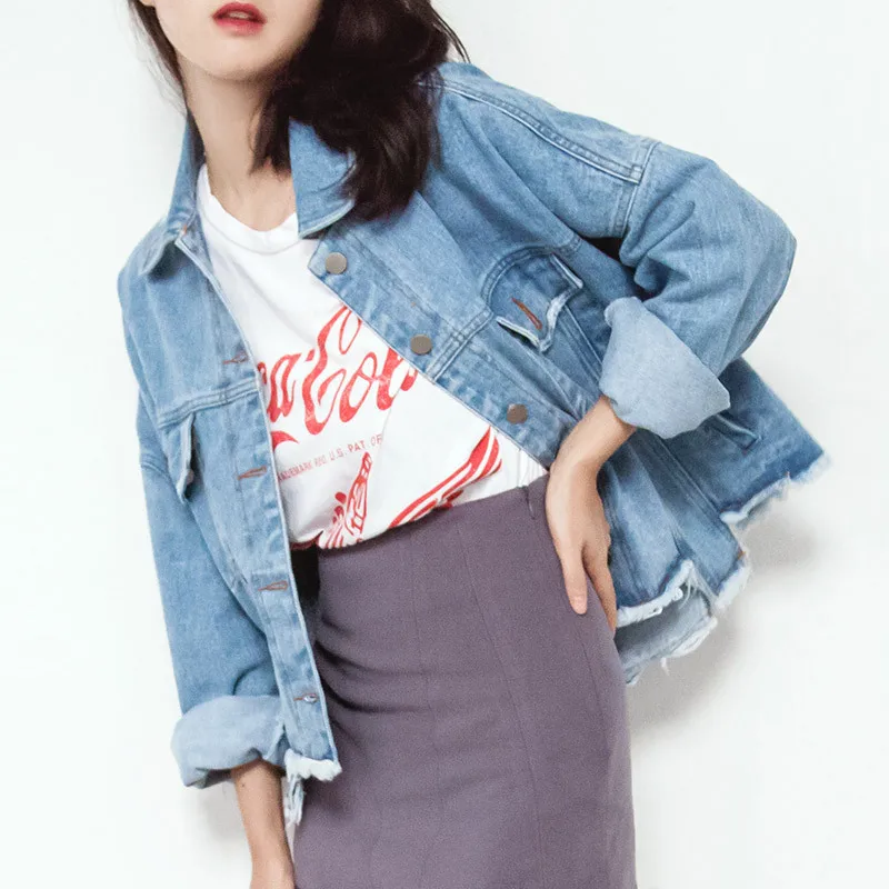 Women's Denim Jacket 2019 Autumn Joker Denim Jacket Women's Washed White Irregular Short Jacket Jacket Women's Wear