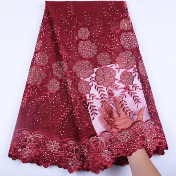 

Top Sale Red African Lace Fabric Party Latest French Mesh Lace Fabric Flowers Nigerian Lace Fabrics With Stones For WeddingF1578