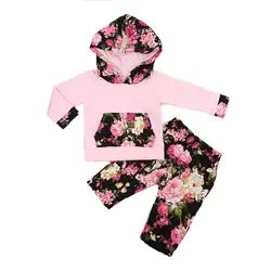 Осень новорожденных Обувь для девочек цветочный с капюшоном футболки, штаны, леггинсы комплект одежды комбинезон