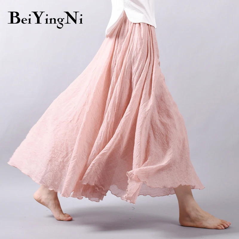 

Beiyingni Linen Cotton Vintage Skirt Women Solid Beach Boho Pleated Maxi Skirts Summer Fashion Retro Elastic Waist Saia Faldas