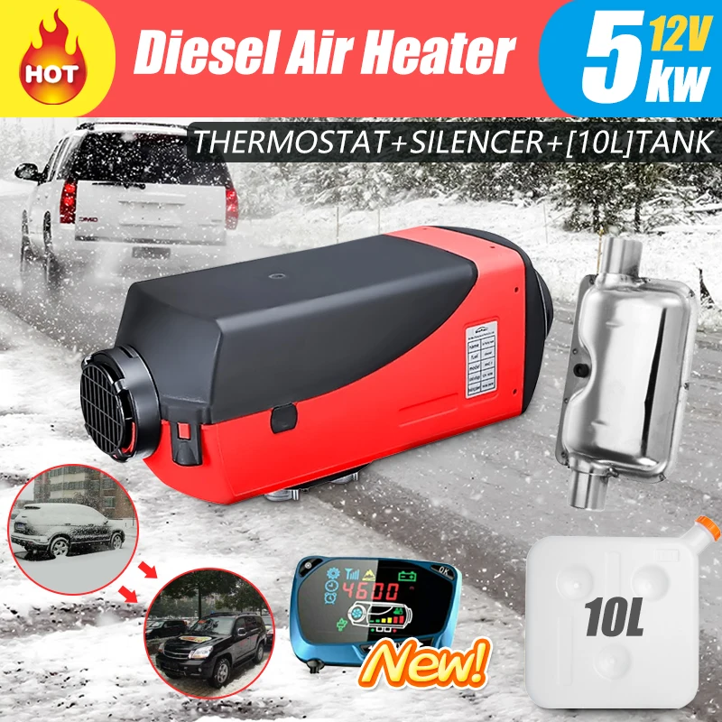 

5KW 12V Diesel-Air Car Heater Demister Defroster Temp Control Vehicle LCD Thermostat +Silencer + 10L Tank for SUV Bus Truck Boat