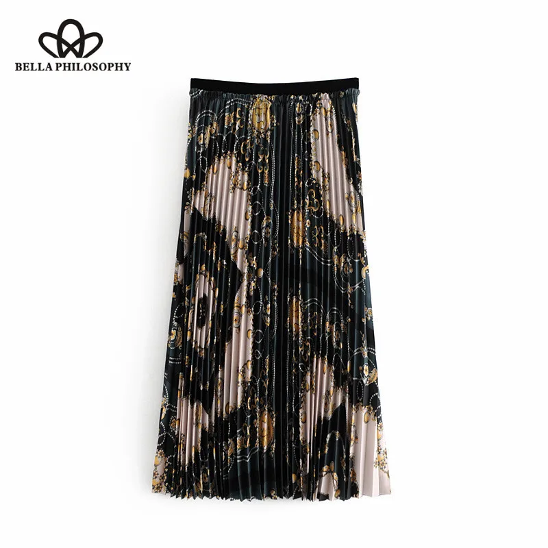 Wonder 2018 new Vintage Floral Chains Pattern Pleated Midi Skirt Elastic Waist A Line Streetwear Skirts Casual Faldas Mujer