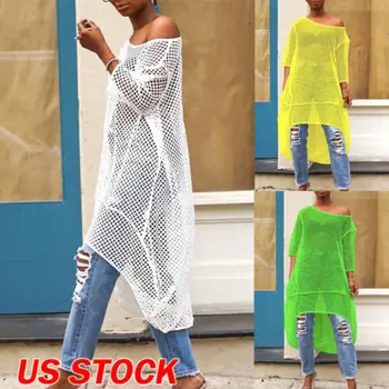 

Sexy Hollow Out Half Sleeve Long Mesh Cover Ups irregular Women Fashion Shirt Tops Blouses