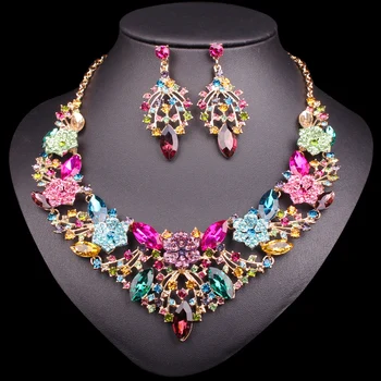 

Fashion Crystal Gold Color Necklace Earrings Sets Indian Bridal Jewelry Sets For Brides Wedding Party Costume Accessories Women